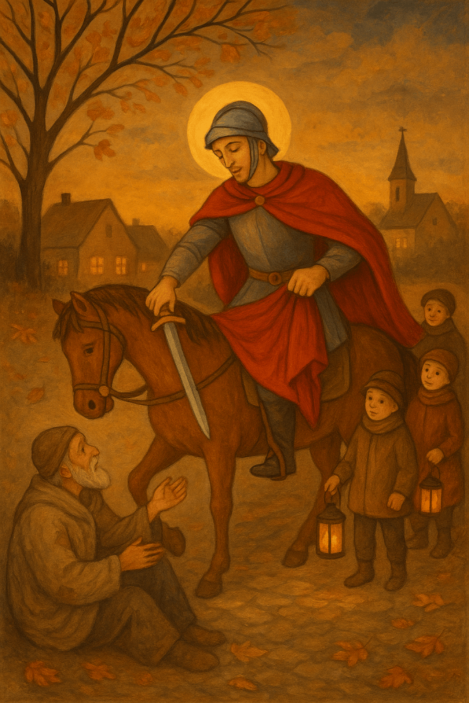 Saint Martin riding a horse cutting this cloak in half to share with a cold beggar. Children carry lanterns to represent light and kindness during Martinmas